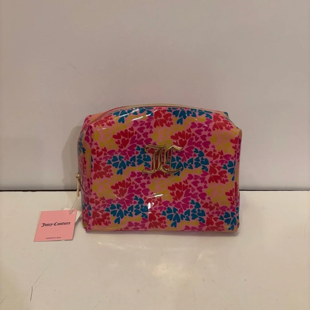 Juicy Couture PVC Cosmetic Makeup Wedge Bag Multi Hearts w/bottle NWT